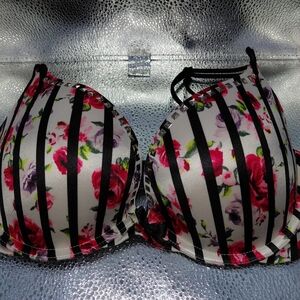 Victoria's Secret Black and Pink Floral Striped Bra